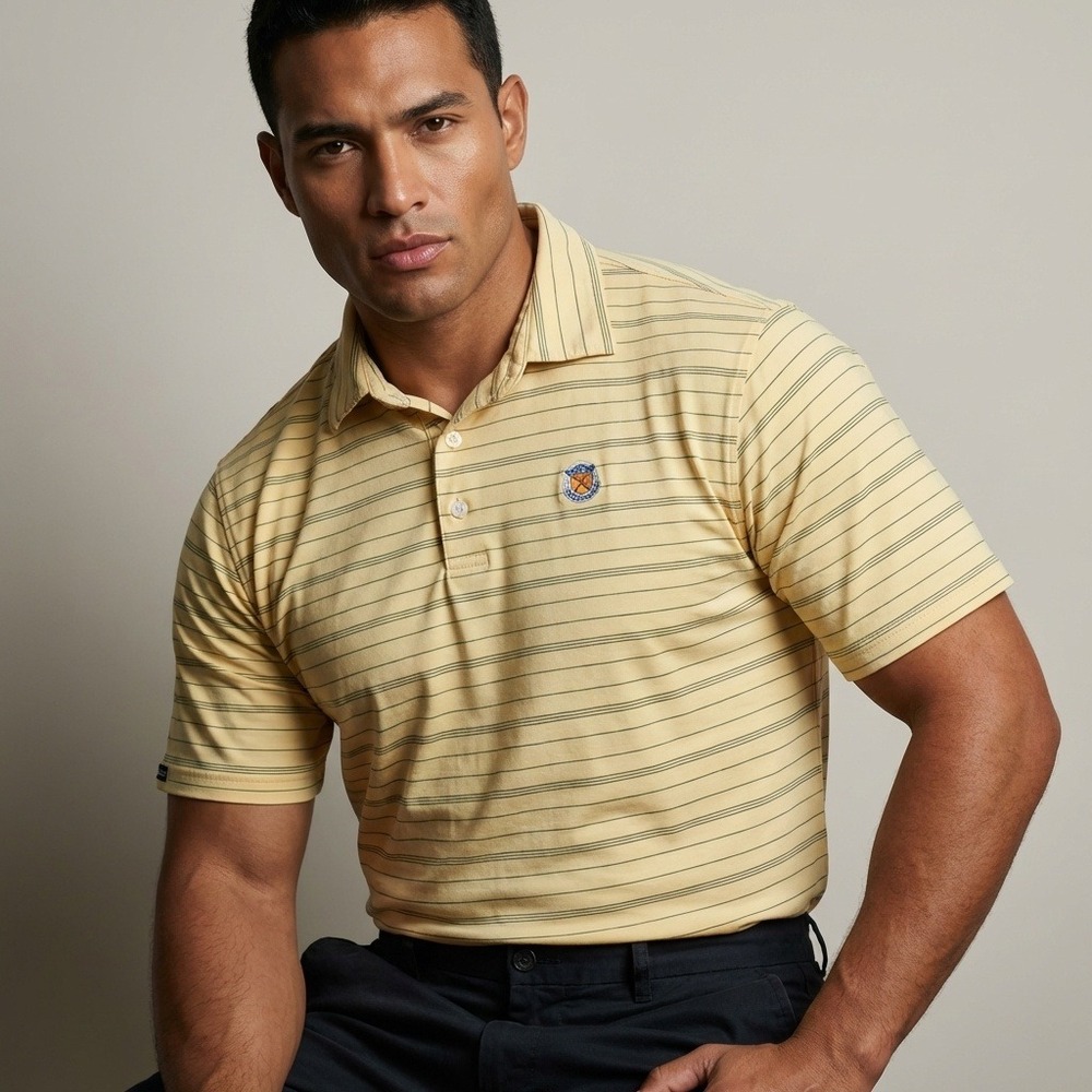 Straight Down Mens XL Yellow Striped Golf Polo Shirt Bel-Air Country‎ Club Crest